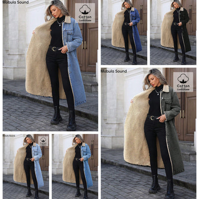 Hot-selling in-stock item - 20781 cross-border e-commerce women's fashion european and american loose fit long fleece-lined cotton coat denim jacket