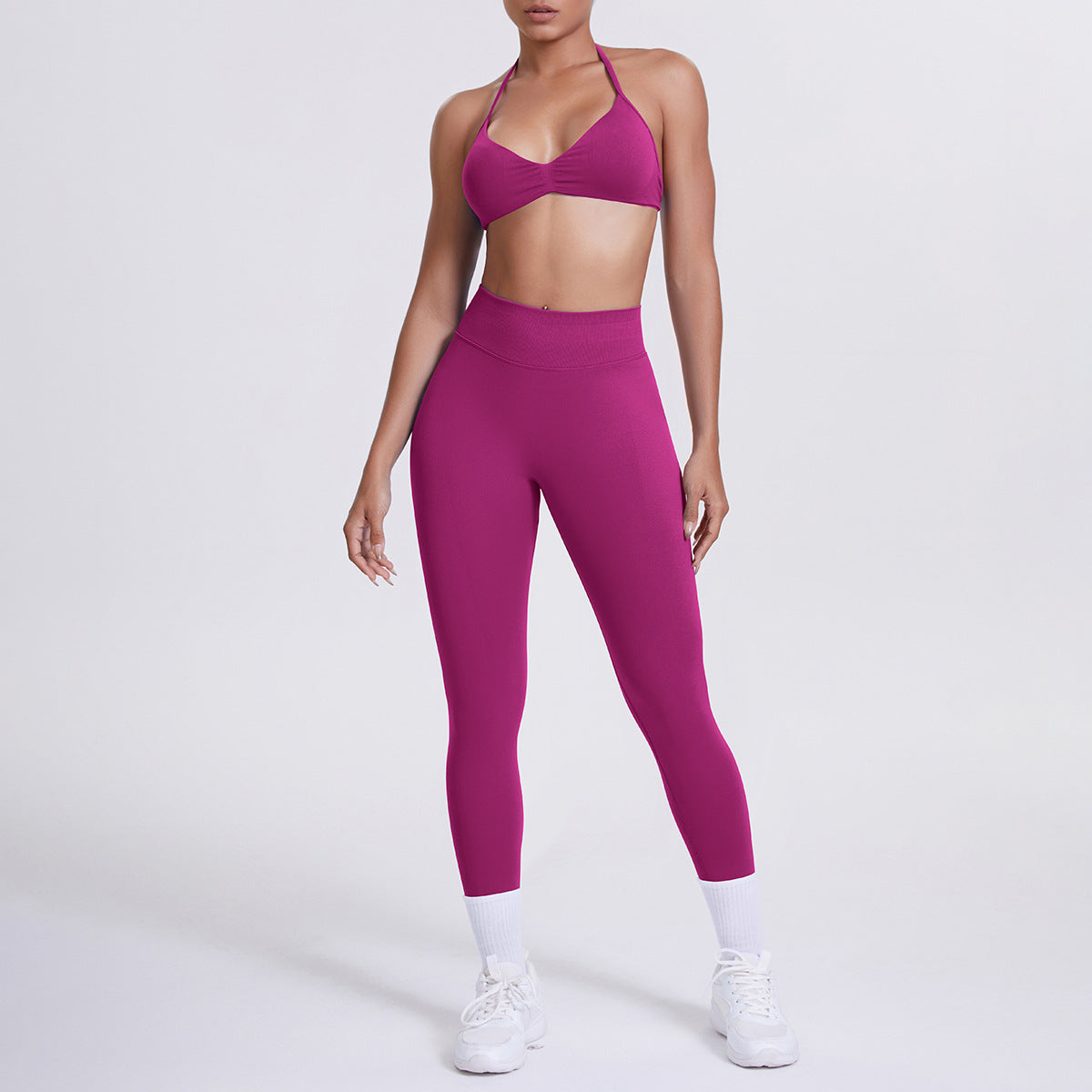 Spot solid color yoga clothes high waist peach hip sports trousers suspenders beautiful back neck bra fitness yoga set