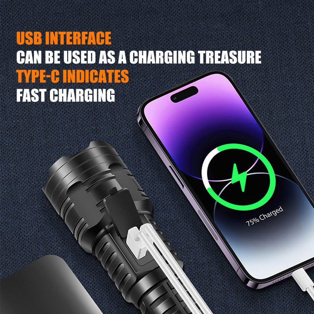 White laser telescopic zoom strong light flashlight power display USB charging household outdoor lighting strong light flashlight
