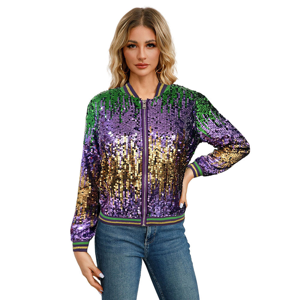 10345 Cross-border European and American  long-sleeved cardigan stand-up collar sequined spring and autumn women's baseball jacket