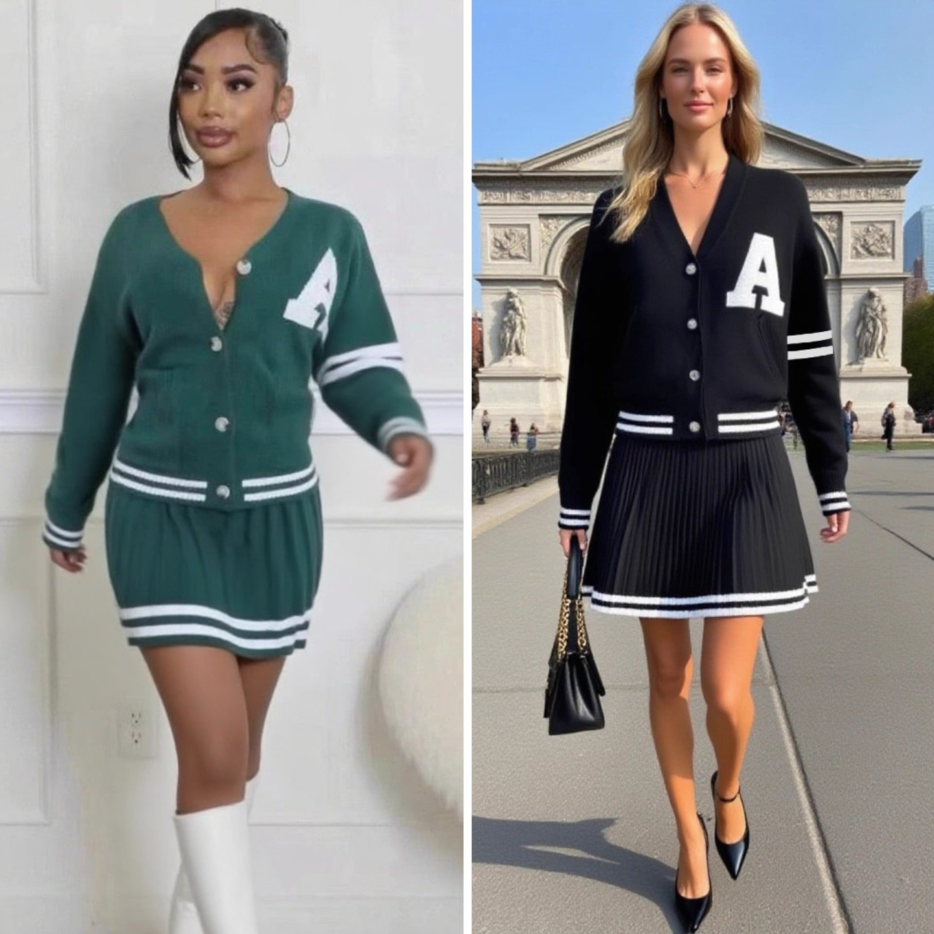 European and American Fashion Academy style V-neck long-sleeved cardigan high-waisted pleated skirt knitted sweater two sets women