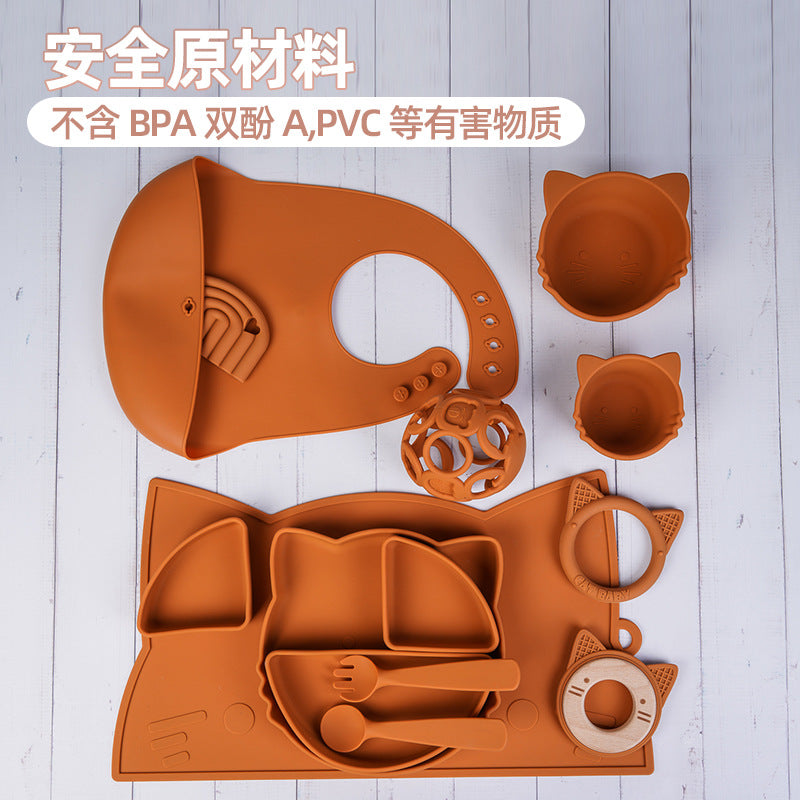 Customized food-grade silicone cat cartoon pattern modeling silicone bowl integrated three-grid plate divided rice feeding set