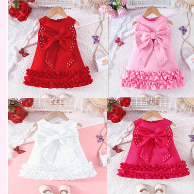 new arrival: sweet girls' big bow beaded cake vest dress
