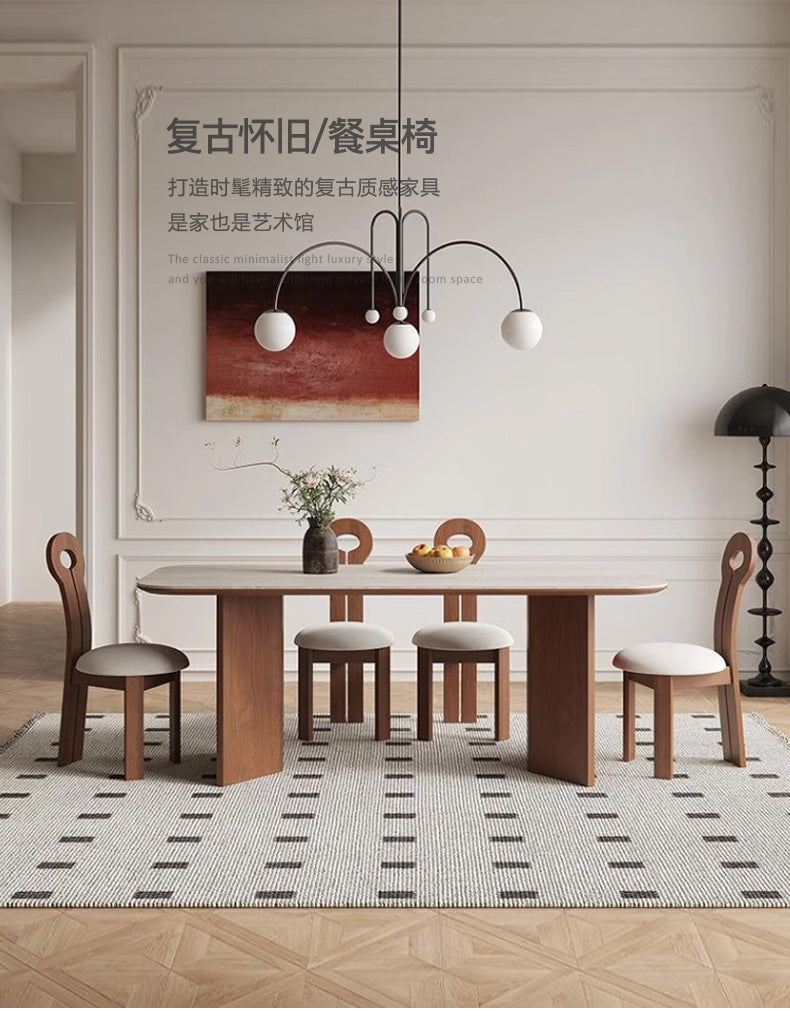 Cream solid wood rock slab dining table chair 2024 new Internet celebrity antique family small apartment travertine ash wood