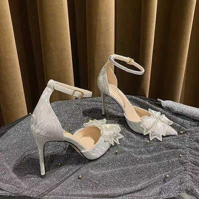 Women's sandals summer 2023 new rhinestone hollow butterfly bridesmaid shoes high heels fairy pointed toe single shoes women's stiletto heels