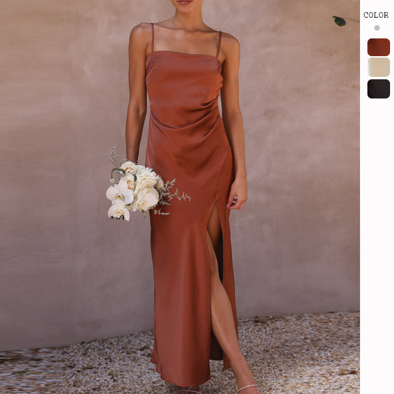 Spring and summer  2024  European and American women's clothing fashion new solid color split suspender dress women