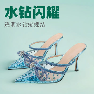 Spring/summer european and american new rhinestone bow high heel sandals transparent pointed toe stiletto heels fashionable elegant export