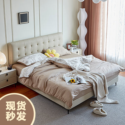 Ready-to-ship genuine leather beds from foshan, custom-made high-end bedroom furniture, minimalist thin headboards, waffle-textured upholstered double beds for master bedrooms