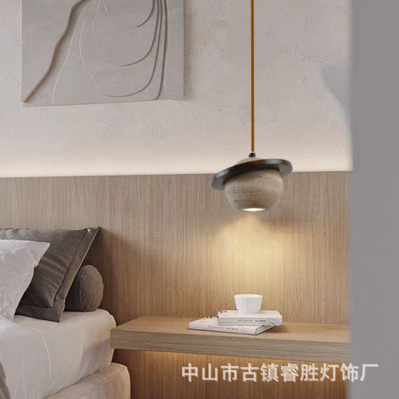 Yellow travertine bedroom bedside chandelier modern minimalist wabi wind Internet celebrity long line single head small hanging lamp bar Zhongshan