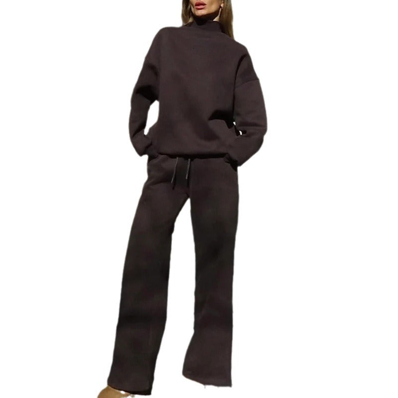 European and American casual women's suit solid color long-sleeved turtleneck sweater strap-up sports trousers two-piece set