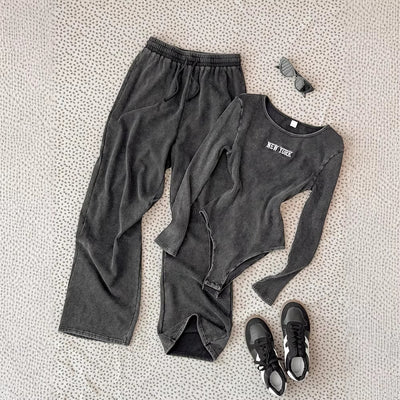 Distressed dark grey ribbed knit romper with english embroidery + wide-leg sweatpants two-piece set