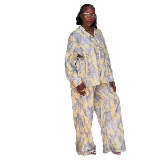 European and American fashion printing loose long-sleeved lapel cardigan shirt trousers women's suit African women's casual two-piece suit