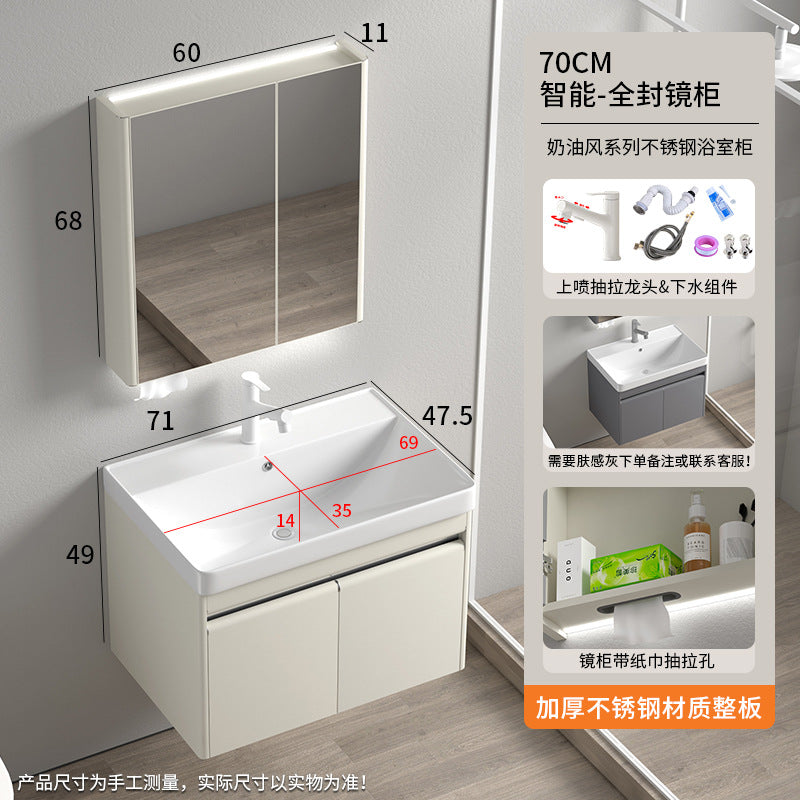 Stainless steel moisture-proof bathroom cabinet, smart mirror cabinet, washstand, ceramic integrated washbasin, deepen seamless washstand