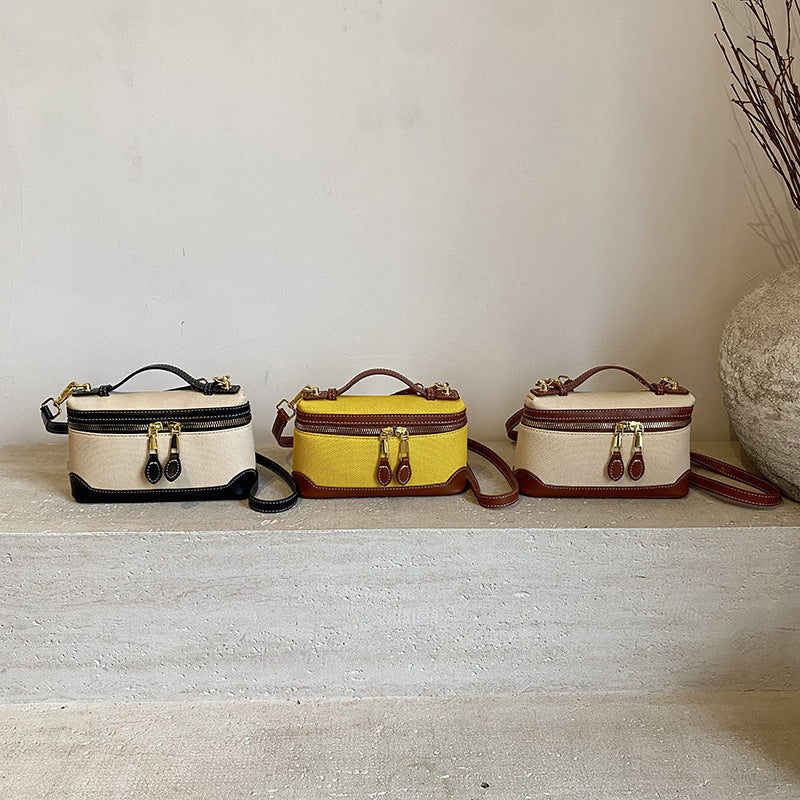 European and American retro fashion portable box small square bag women's 2024  new canvas contrasting color splicing messenger bag