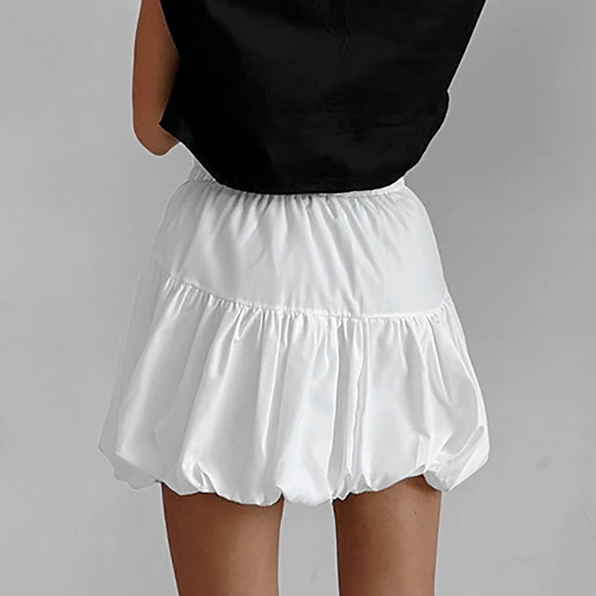 2024 summer white chiffon balloon skirt short skirt women's commuting high waist draped A-shaped skirt fluffy skirt European and American women's clothing