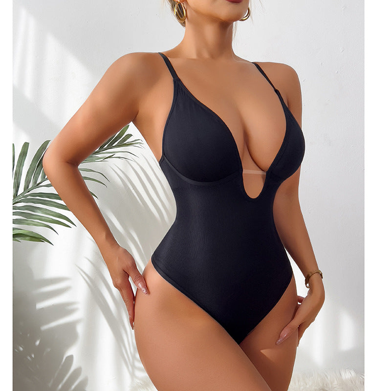 Spot  hot-selling explosion deep V-neck sexy waist plastic waist open T-shaped onesie women