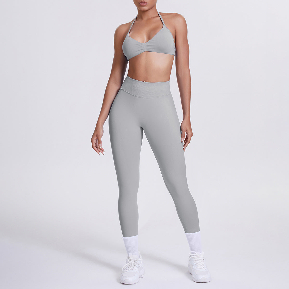 Spot solid color yoga clothes high waist peach hip sports trousers suspenders beautiful back neck bra fitness yoga set
