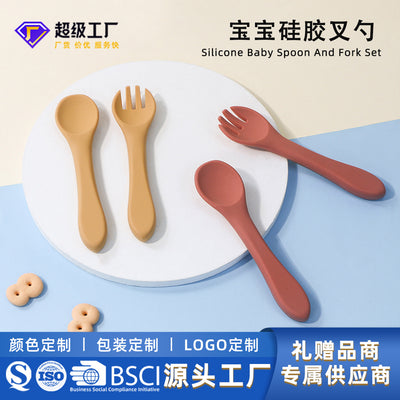 Kids' silicone fork and spoon set - baby food feeding utensils, infant training set, wholesale baby & maternity supplies