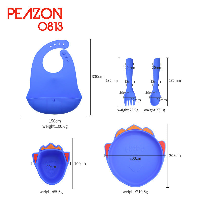 Customized silicone plate set, anti-drop baby bowl saliva pocket, multi-color cute style children's tableware set