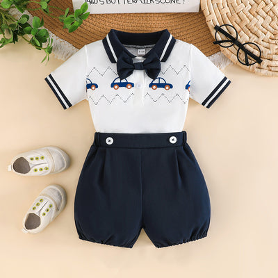 Baby boy preppy summer outfit: short-sleeve top + lantern shorts - first birthday party suit
