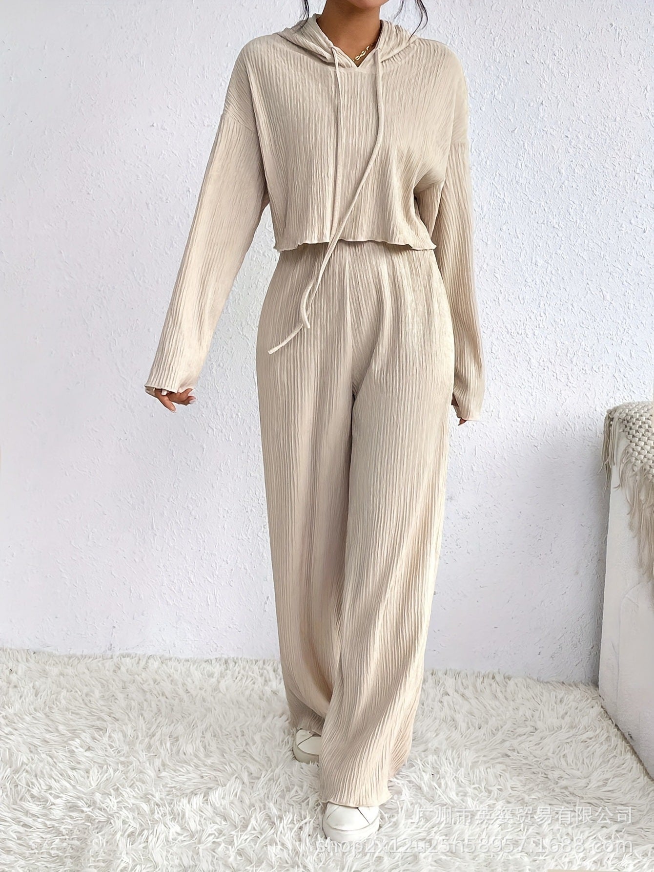 Spot wholesale independent station  new casual solid color knitted lace-up hoodie long sleeve trousers set two-piece set