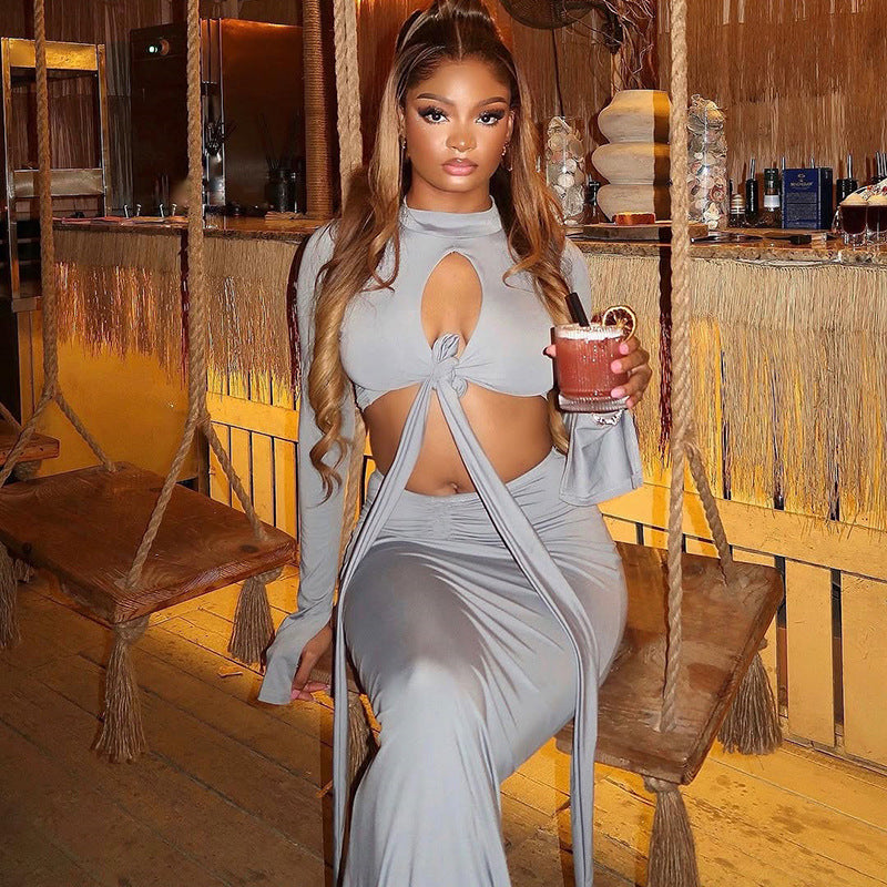 European and American  women's clothing fashion hollow straps solid color sexy pants set turtleneck top slim trousers two-piece set