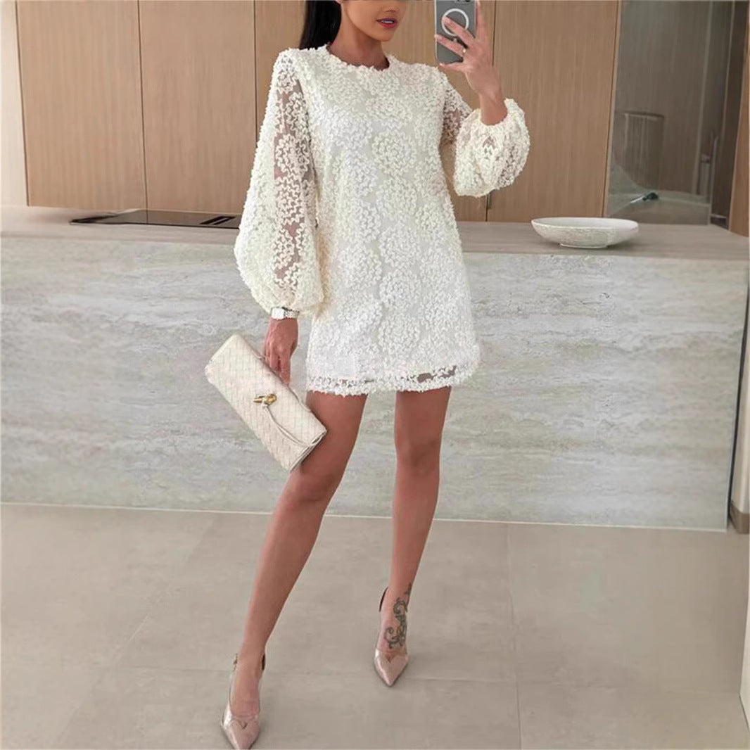 2025 European and American  new love attention lace textured fabric balloon sleeves loose mini dress