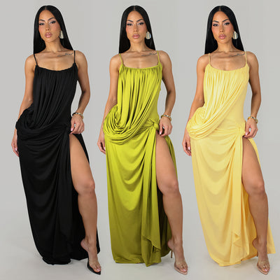 C7808 cross-border new women's sexy camisole dress with twist knot, cinched waist, slit, and drape – solid color banquet dress
