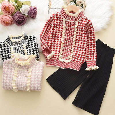 Fall and winternew arrivalgirlsweatersuitexportnew arrival chidori gridsruffles stand collar cardigan+knittingloose pants