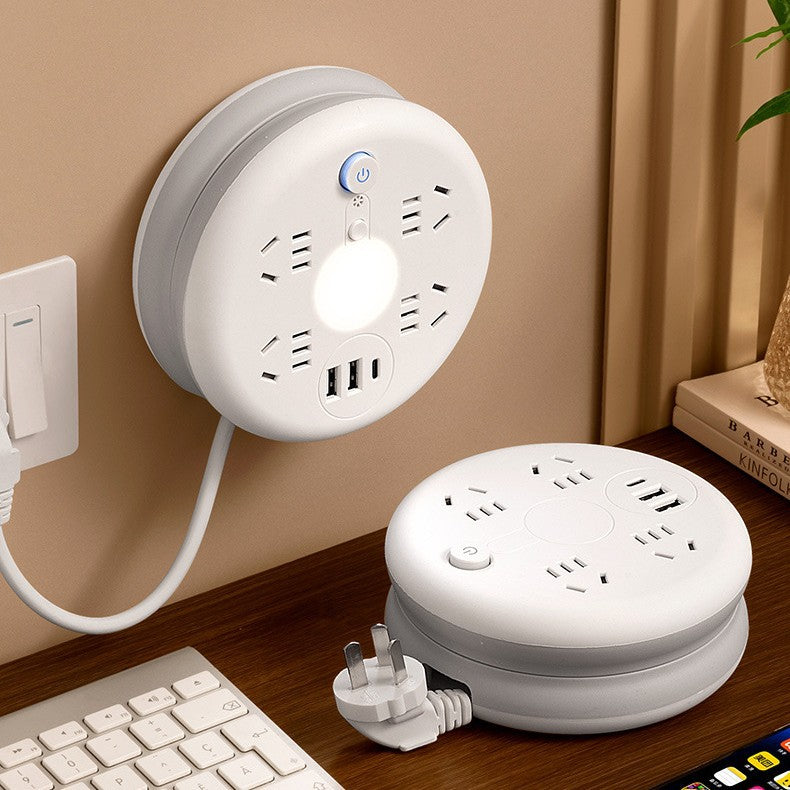 Round storage socket Multifunctional telescopic socket Dormitory plug-in board USB power strip Household plug-in board Long cable