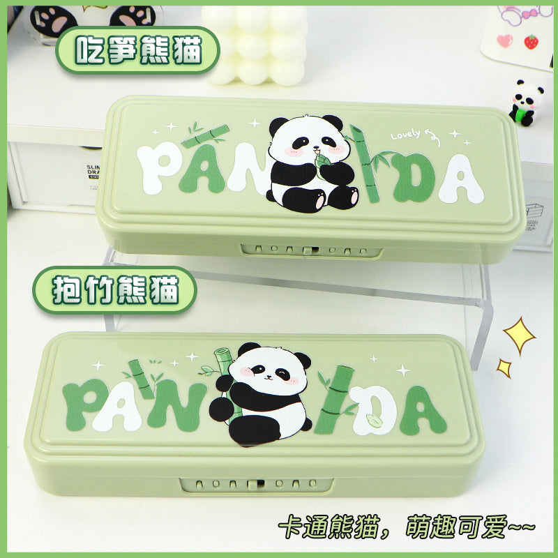 Stationery box custom password lock multi-layer large-capacity pencil case panda cartoon multi-functional high-value pencil bag wholesale