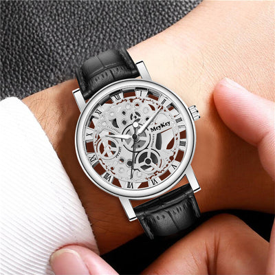 New men's watch - transparent case, skeleton design, simulated mechanical movement - men's leather strap quartz wristwatch - in stock, wholesale available