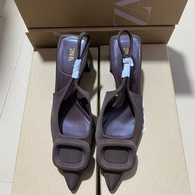 Zaexport2024 summer new arrival women's shoes, square buckle buckle, pointed toe, thick heel, high heel sandals, toe cap