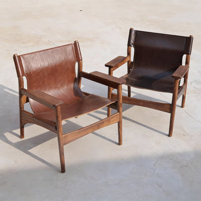 Vintage saddle chair - home living room balcony retro solid wood single leisure chair - designer style light luxury sofa chair