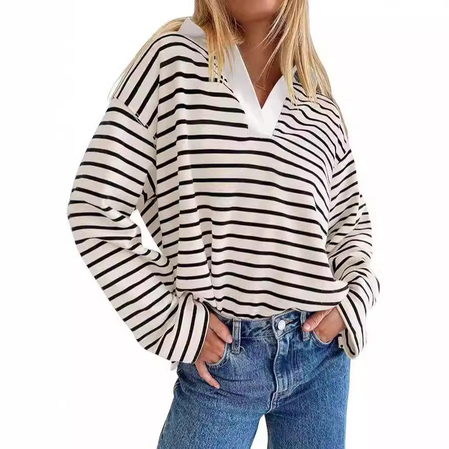 European and American Independent Station Cross-border Women's Clothing 2024 Autumn TK  Explosive Loose Casual Collar Striped Long Sleeve Sweater Women