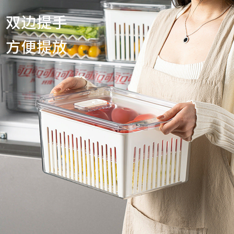 Refrigerator plastic crisper, kitchen fruits and vegetables fresh finishing, transparent sealing, double-layer drain stacking storage with handle
