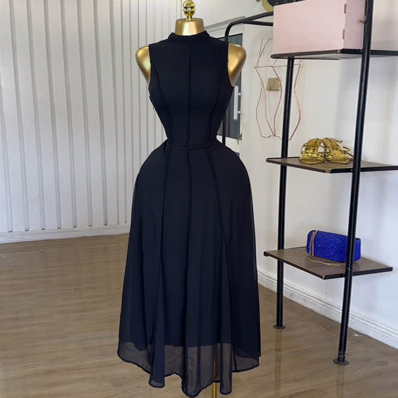 European and American  women's clothing 2025 summer new temperament semi-turtleneck sleeveless high waist A-word black vest dress