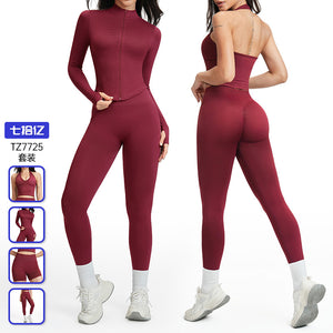 Seamless cross-border i-back sports set for women - ribbed waist, butt-lifting yoga set, fitness yoga wear 7725
