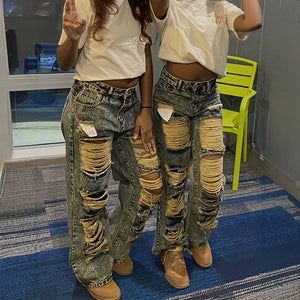 European and american style women's snowflake washed distressed wide leg jeans - streetwear inspired, ripped design, slimming, and floor-length