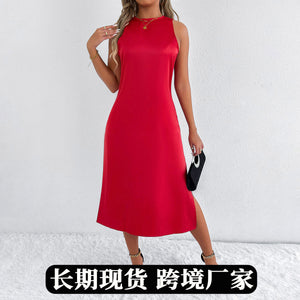 Real shot of independent station women's clothing fashionsatindress women's spring and summer classy satin long skirt