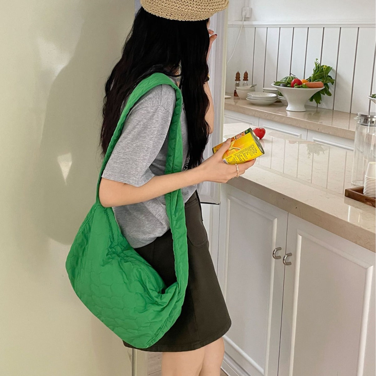 Bag new Korean version single shoulder bag embroidered lattice dumpling bag oblique span bag pleated drawstring small fresh temperament versatile women's bag
