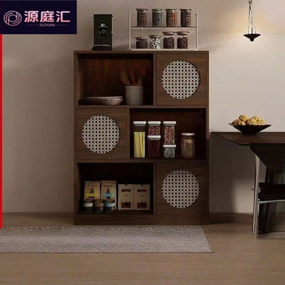 Half wall solid wood bookcase low cabinet storage cabinet all-in-one living room side cabinet combination cabinet storage rack color matching rattan bookshelf