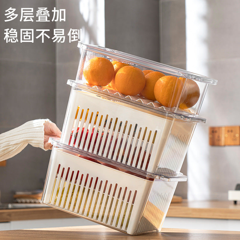 Refrigerator plastic crisper, kitchen fruits and vegetables fresh finishing, transparent sealing, double-layer drain stacking storage with handle