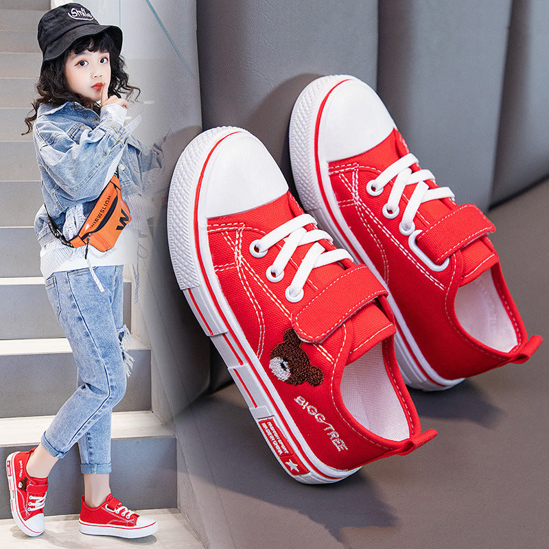 Low-top solid soft-soled baby casual board shoes children's spring new boys and girls breathable cartoon embroidered canvas shoes