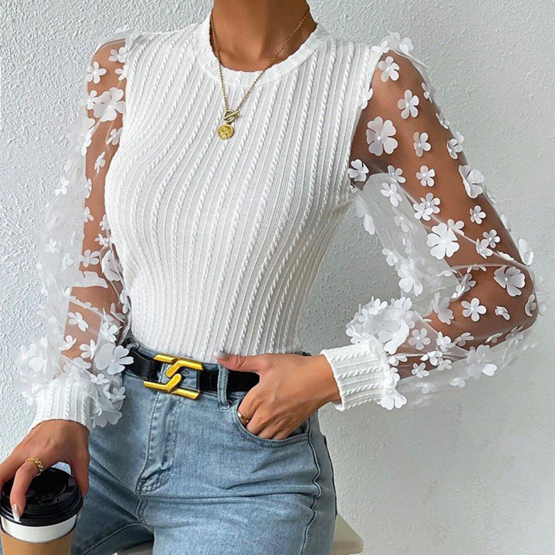 European and American  women's clothing, mesh floral chiffon shirt women's 2024 spring and summer round neck thin pullover long-sleeved top