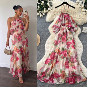 French riviera style halter neck printed sleeveless dress - women's fall collection - high waist a-line maxi dress - slimming and elegant