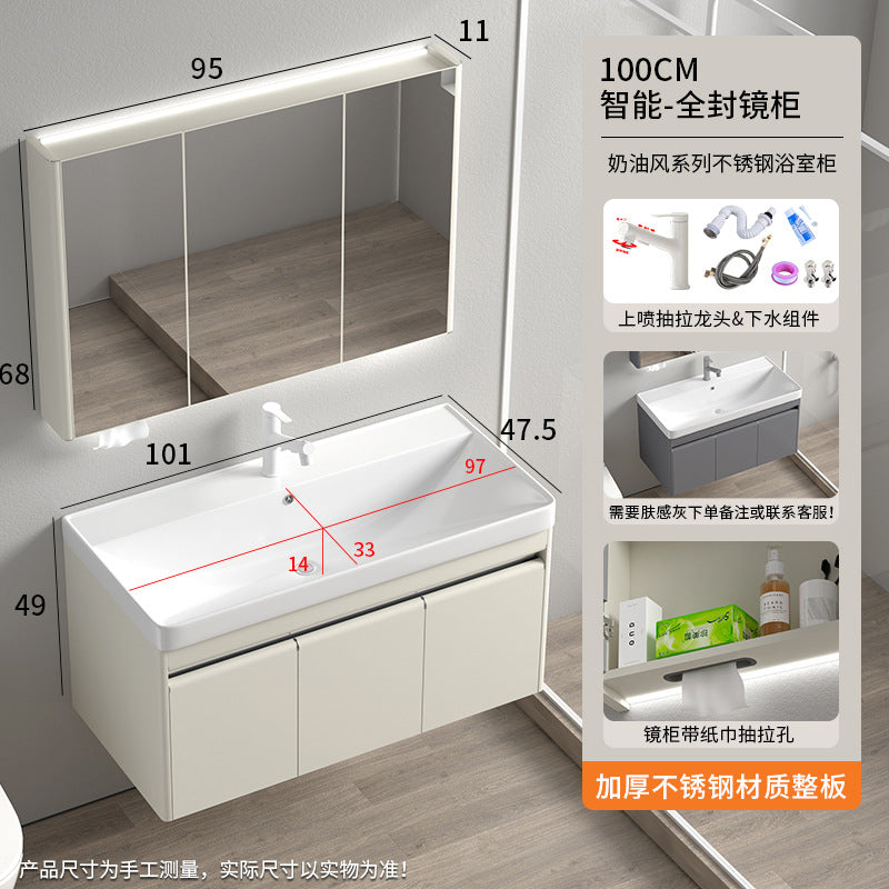 Stainless steel moisture-proof bathroom cabinet, smart mirror cabinet, washstand, ceramic integrated washbasin, deepen seamless washstand