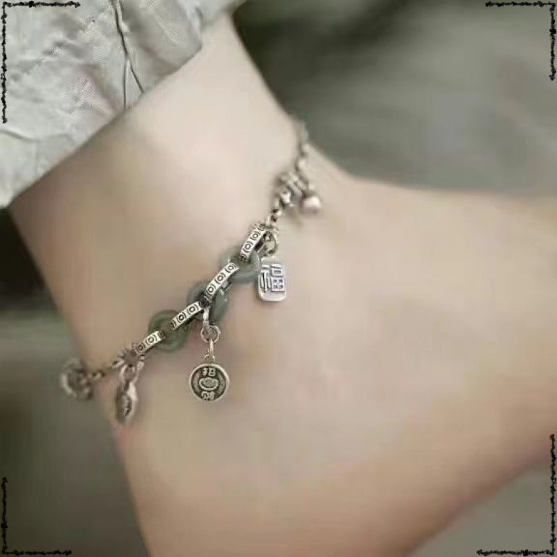 Step by step, safe step by step, happy mountain ghost spends money, red rope anklet, women's retro fringed pendant, copper coin ankle chain