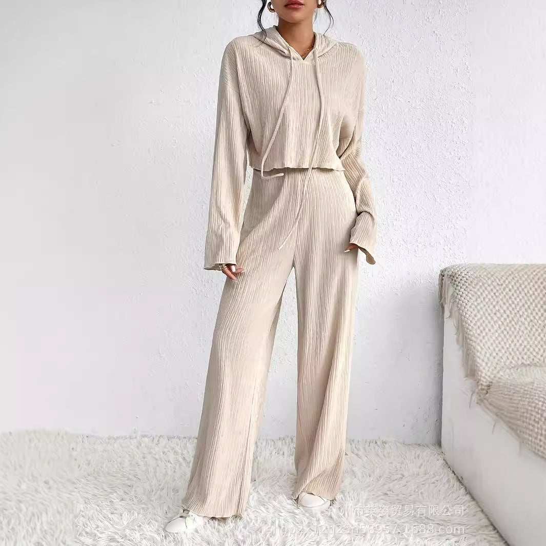 Spot wholesale independent station  new casual solid color knitted lace-up hoodie long sleeve trousers set two-piece set