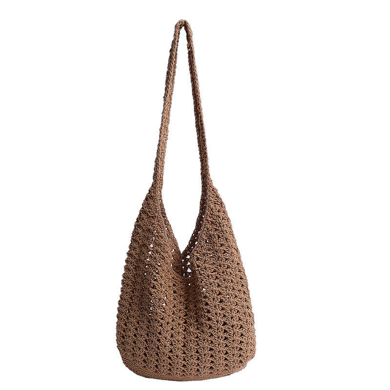 New fashionable solid color knitted hollow large-capacity shoulder bag Korean handmade tote bag holiday wind beach women's bag
